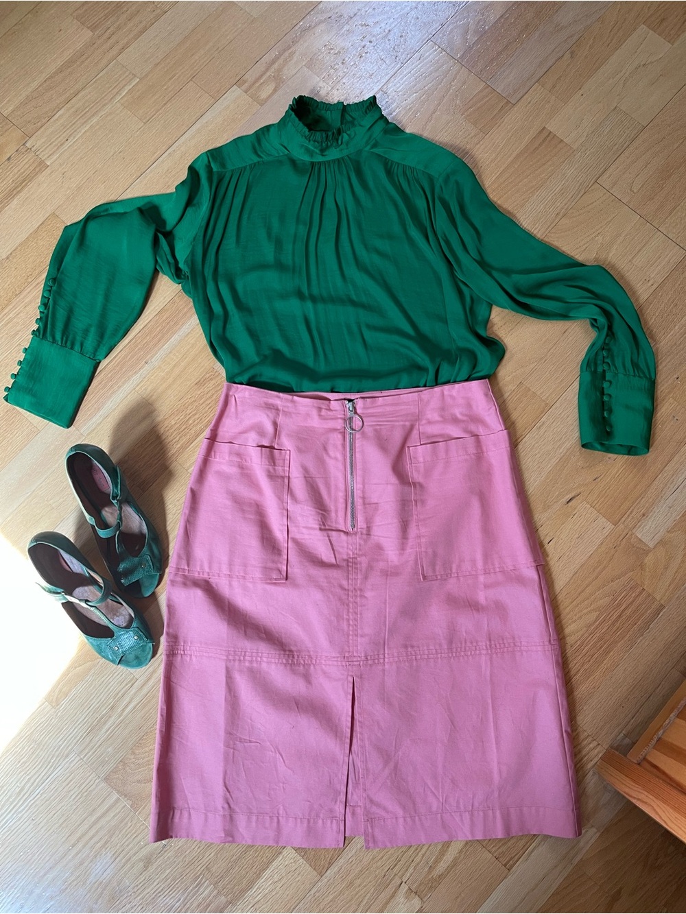 Zara Green Ruffle-Neck Long-Sleeve Blouse